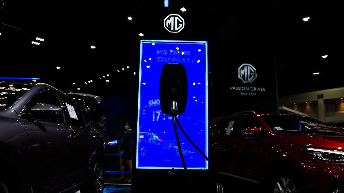 An EV car charging station is displayed by MG motor at the Bangkok International Motor Show in Bangkok, Thailand. Credit: Reuters Photo