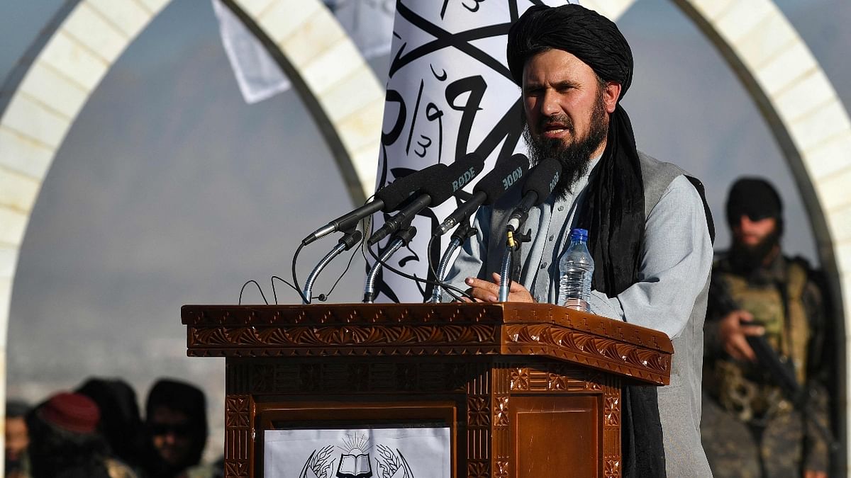 The commander of the Taliban army Qari Fasihuddin speaks during a flag hoisting ceremony of the Taliban flag on the Wazir Akbar Khan hill in Kabul. Credit: AFP Photo