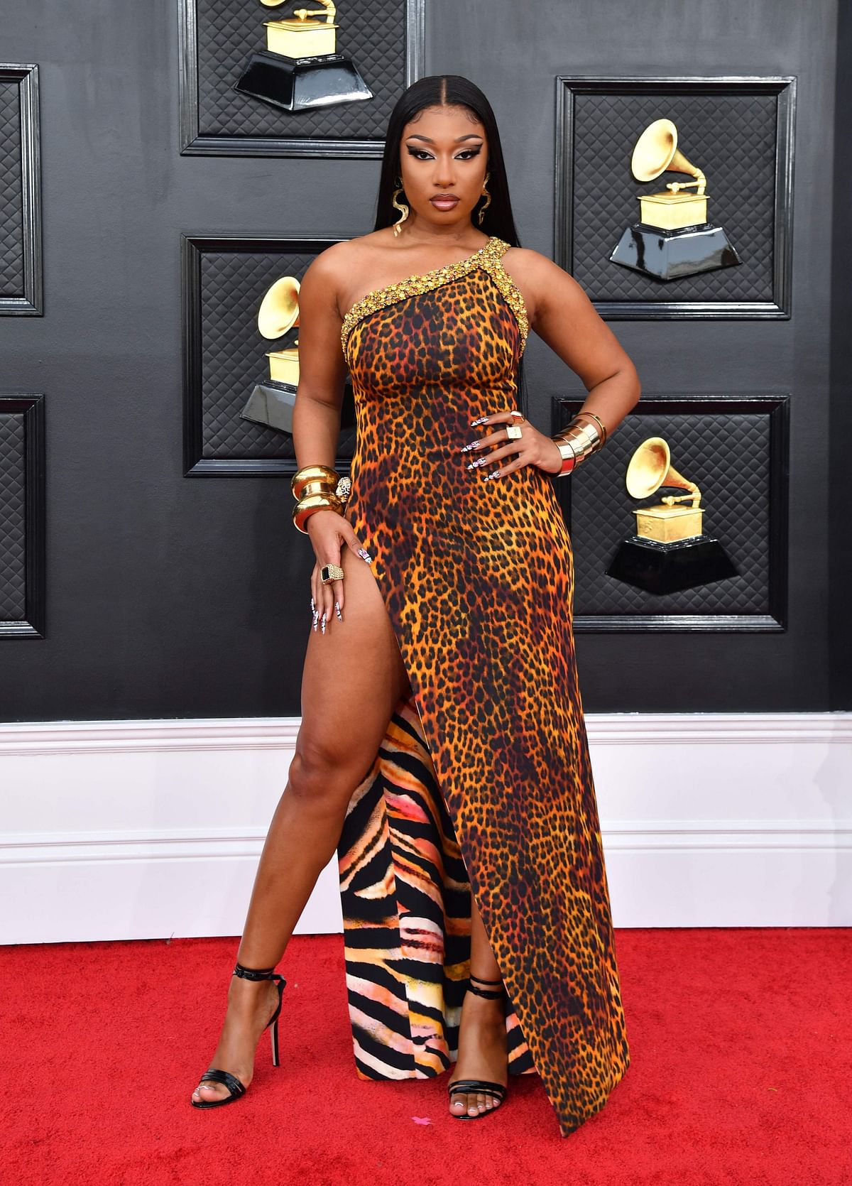 Megan Thee Stallion wore a leopard print one-shoulder gown with a high leg slit. Credit: AFP Photo
