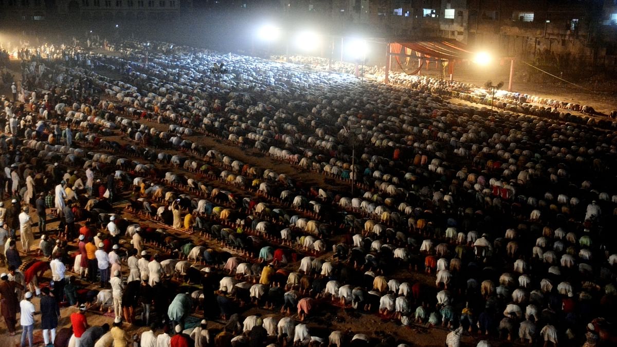 People in large numbers gathered after dusk at mosques in India to join the Tarawih prayer, special prayers performed only during the month of Ramadan. Credit: PTI Photo