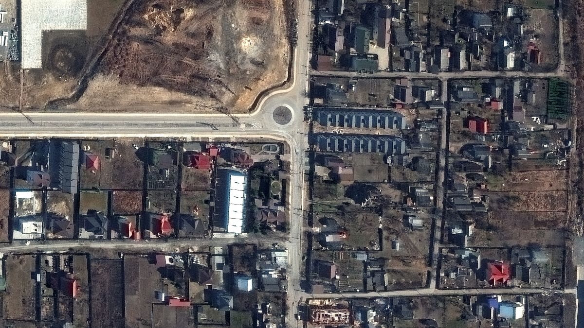 A satellite image shows an overview of the war-torn area in Bucha, Ukraine. Credit: Reuters Photo