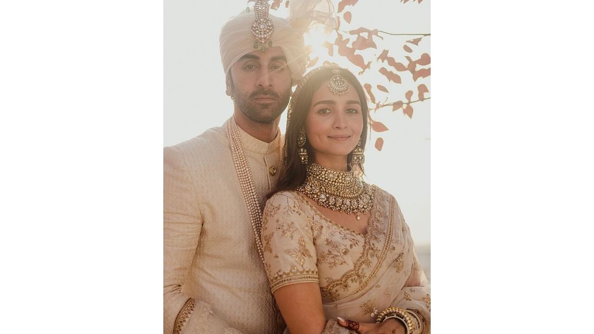 Ranbir and Alia flaunt white and gold coordinated outfits. Credit: Instagram/aliaabhatt