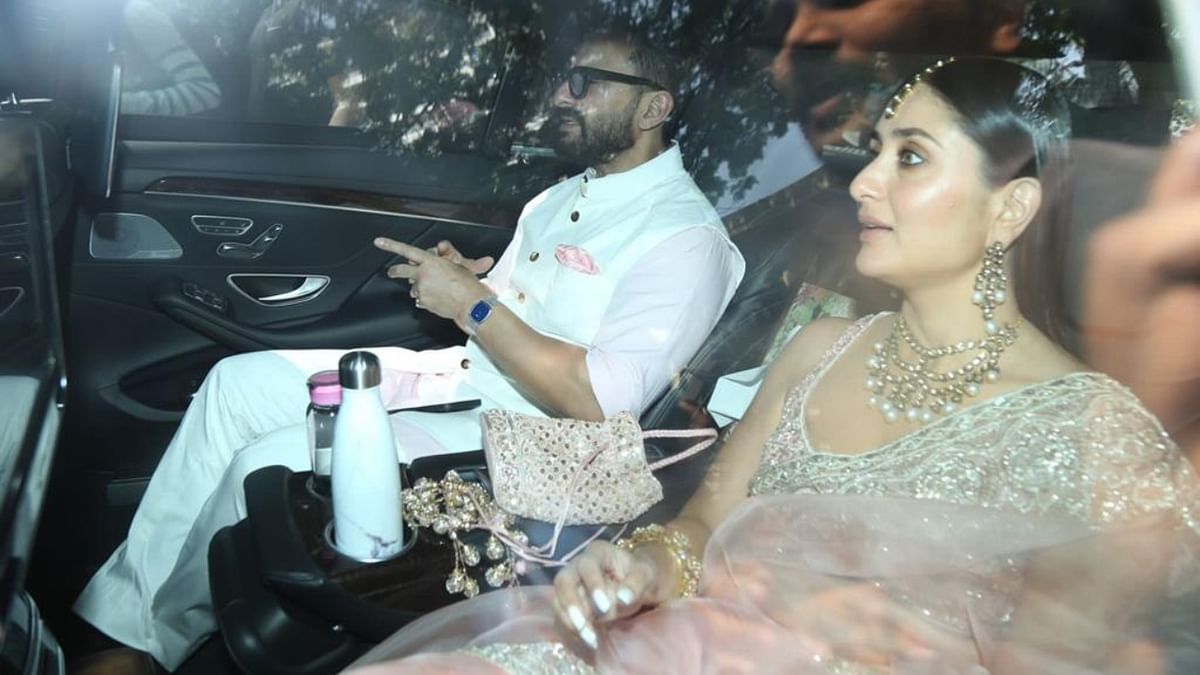 Celebrity couple Saif Ali Khan and Kareena Kapoor Khan twin in pink at Ranbir and Alia's wedding. Credit: Pallav Paliwal