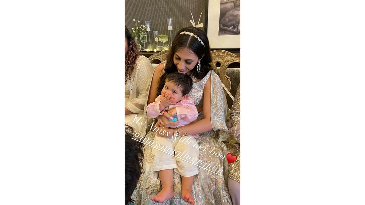 An adorable picture of Anissa Malhotra Jain with Jeh at Ranbir and Alia's wedding. Credit: Instagram/@kareenakapoorkhan