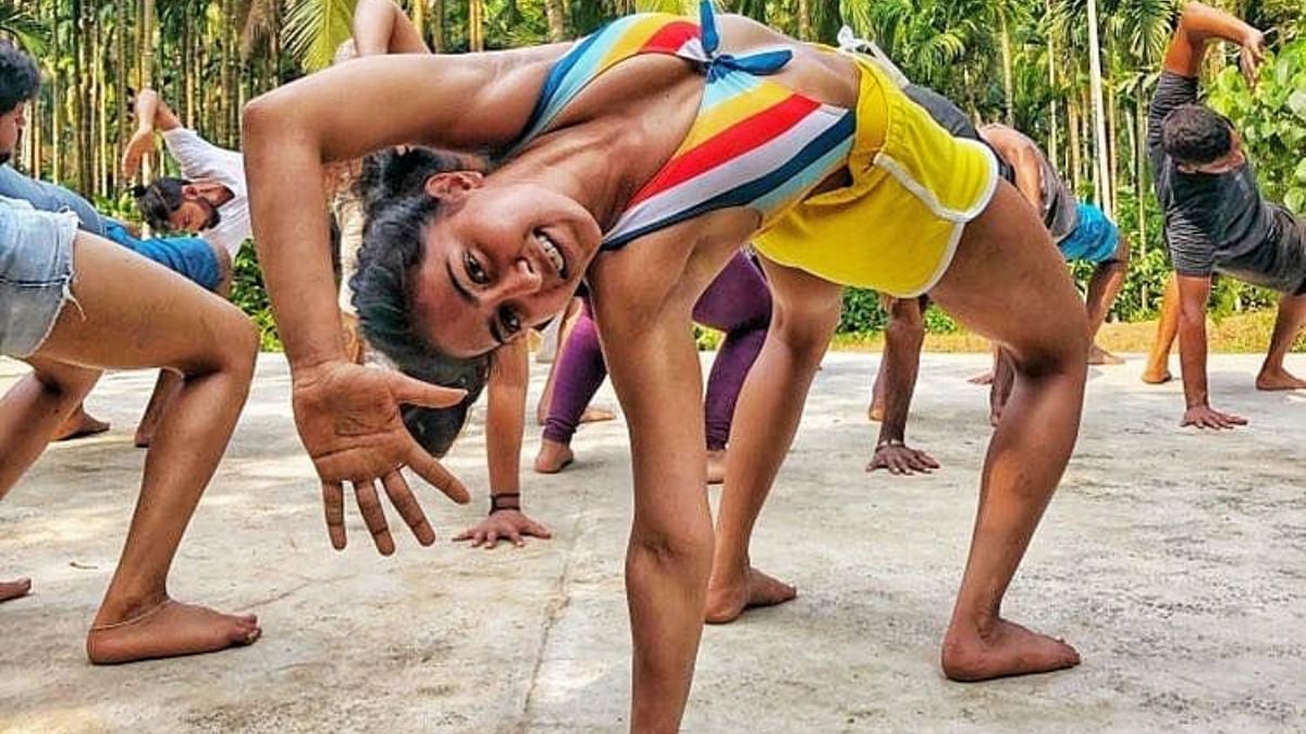 Apart from her gym routine, this 23-year old diva has also shared images of herself meditating and practicing some difficult yoga positions. Credit: Instagram/samyuktha_hegde