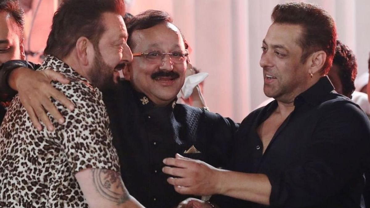 Politician Baba Siddique flanked by actors Sanjay Dutt and Salman Khan. Credit: Insgtagram/babasiddiqueofficial