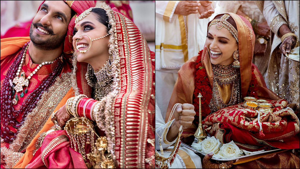 Deepika Padukone wore a gold and crimson Kanjeevaram saree for her Konkani themed wedding ceremony, pairing it up with a Sabyasachi silk dupatta. Her day 2 search for Anand Karaj (Sikh wedding ceremony) was equally breathtaking. The crimson lehenga, full of an embroidered veil and Gotta Patti work looked beautiful on her. Credit: Instagram/deepikapadukone