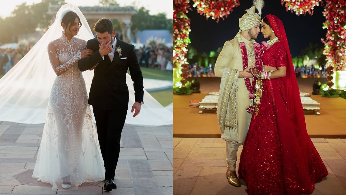 Priyanka Chopra perfectly blended her bridal attires and sported completely different looks ranging from a dreamy Ralph Lauren robe to a conventional crimson Sabyasachi lehenga. Credit: Instagram/priyankachopra