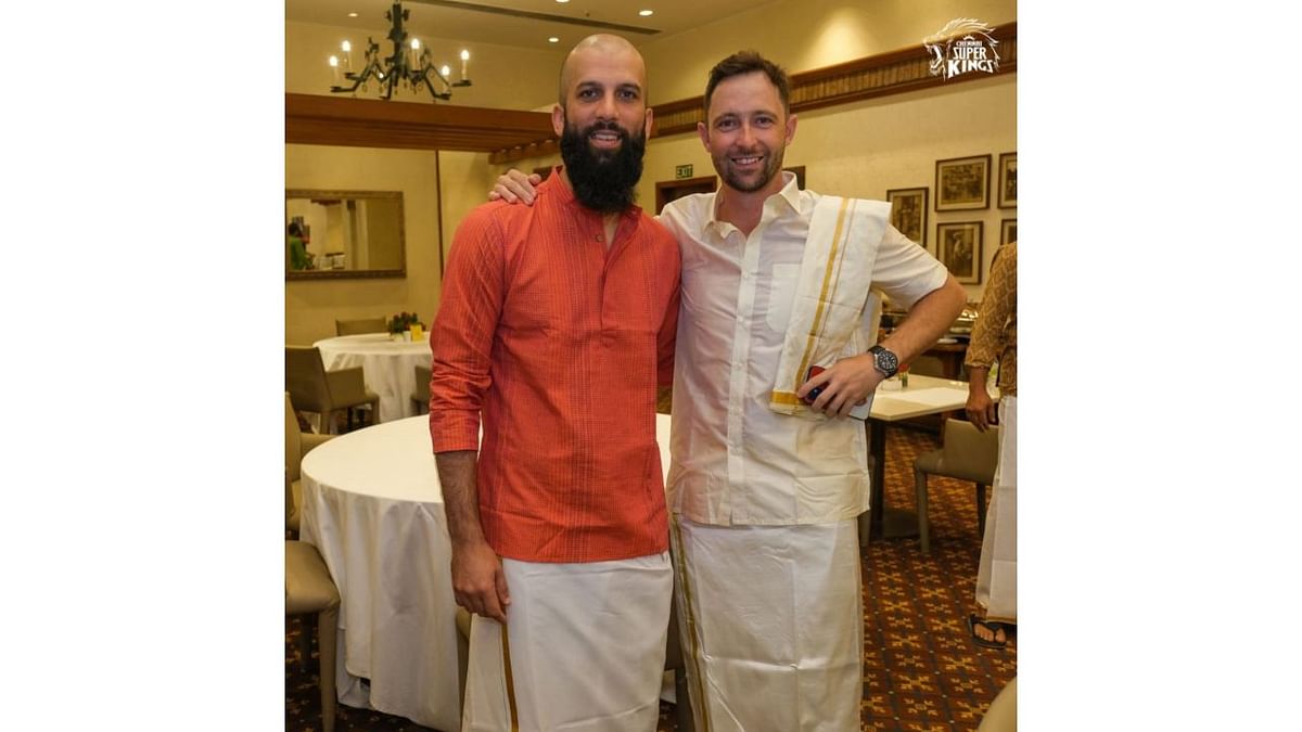 Moeen Ali poses with Devon Conway at the latter's pre-wedding party. Credit: CSK