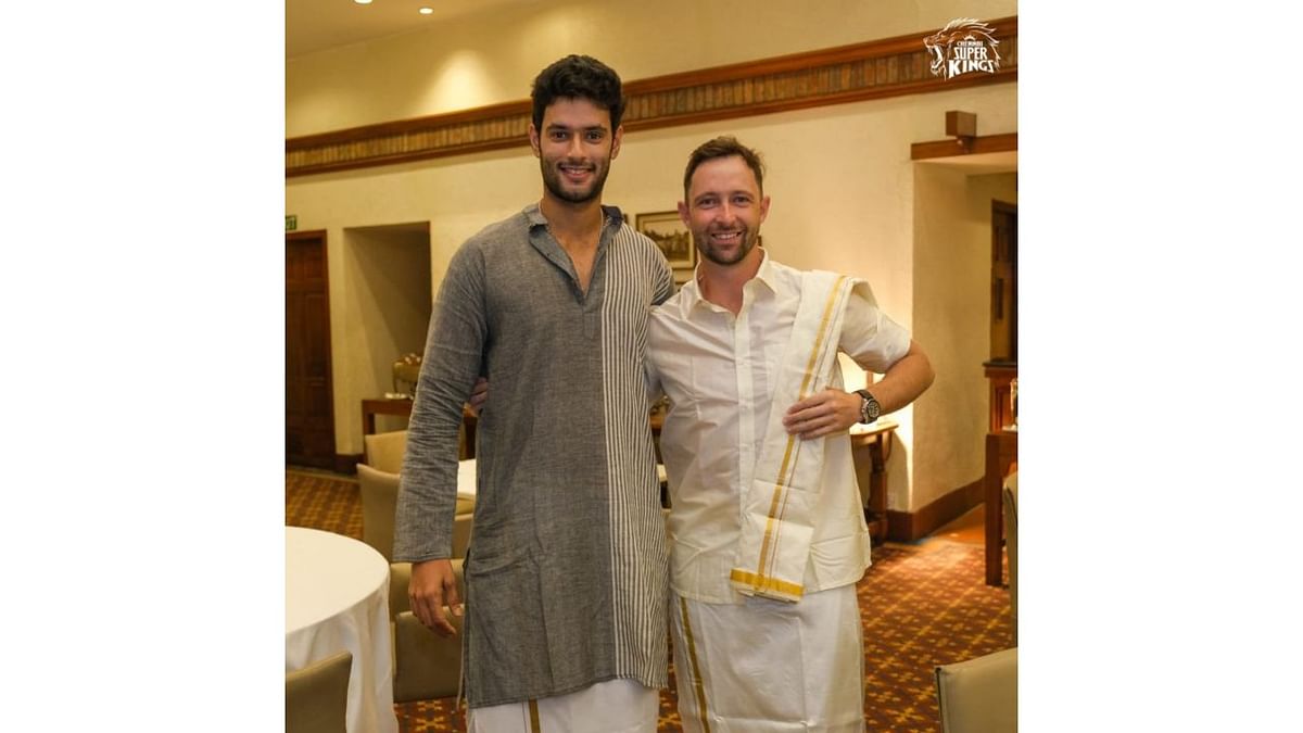 Shivam Dube poses with Devon Conway at latter's pre-wedding party. Credit: CSK