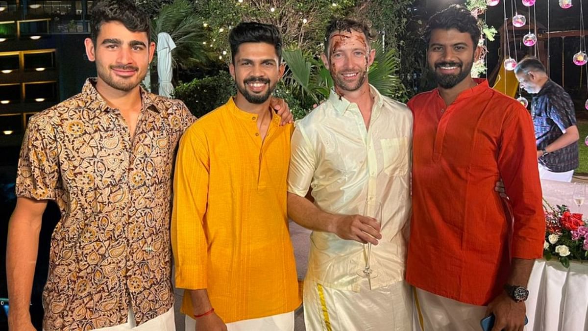 MS Dhoni, Dwayne Bravo, Robin Uthappa and others turned up in South Indian attire for the pre-wedding bash. Credit: CSK