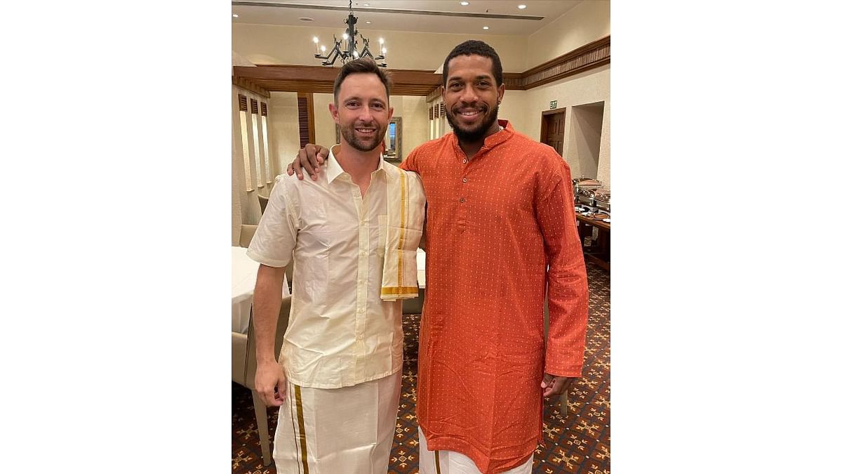 Devon Conway poses with CSK pacer Chris Jordan at his pre-wedding party. Credit: CSK