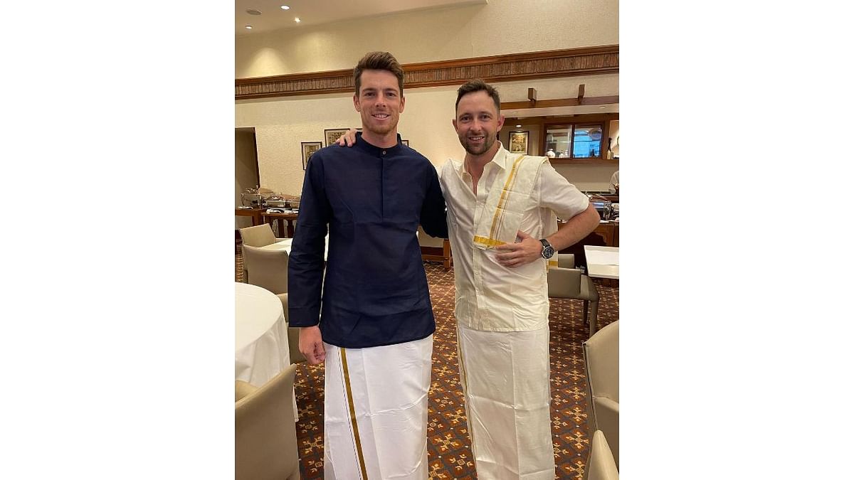 Mitchell Santner and Devon Conway pose for a happy picture! Credit: CSK