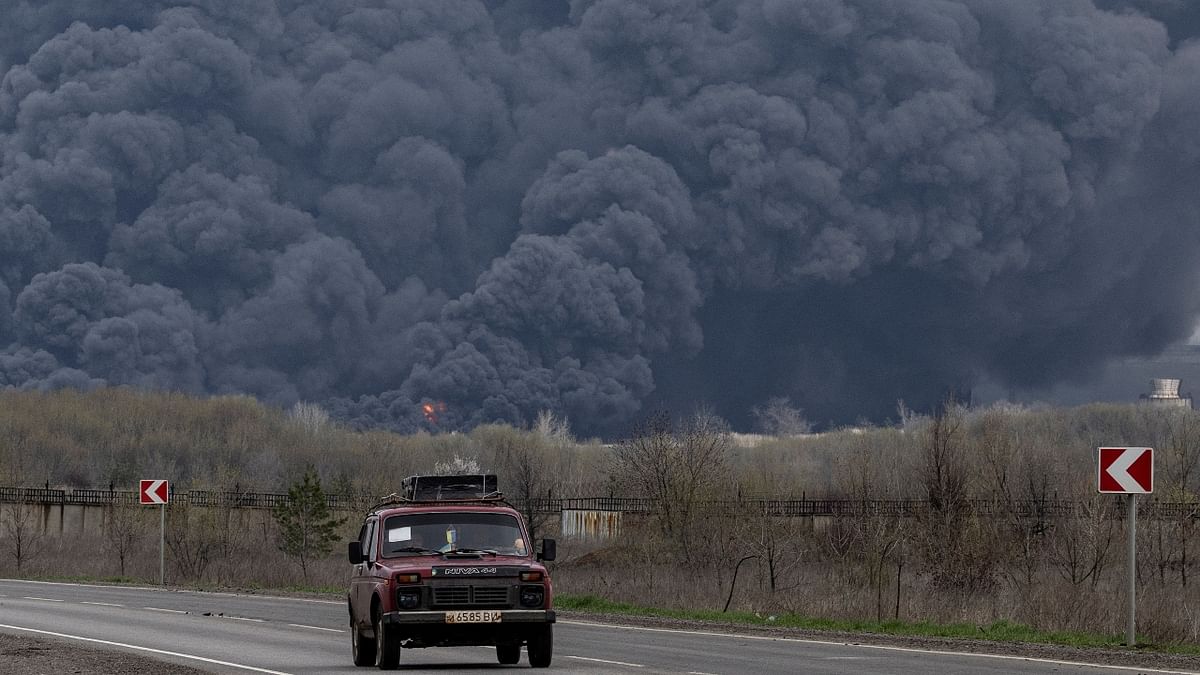 Thick smoke was seen rising from the Lysychansk Oil Refinery after it was hit by a Russian missile at Lysychansk, Luhansk region in Ukraine. Credit: Reuters Photo
