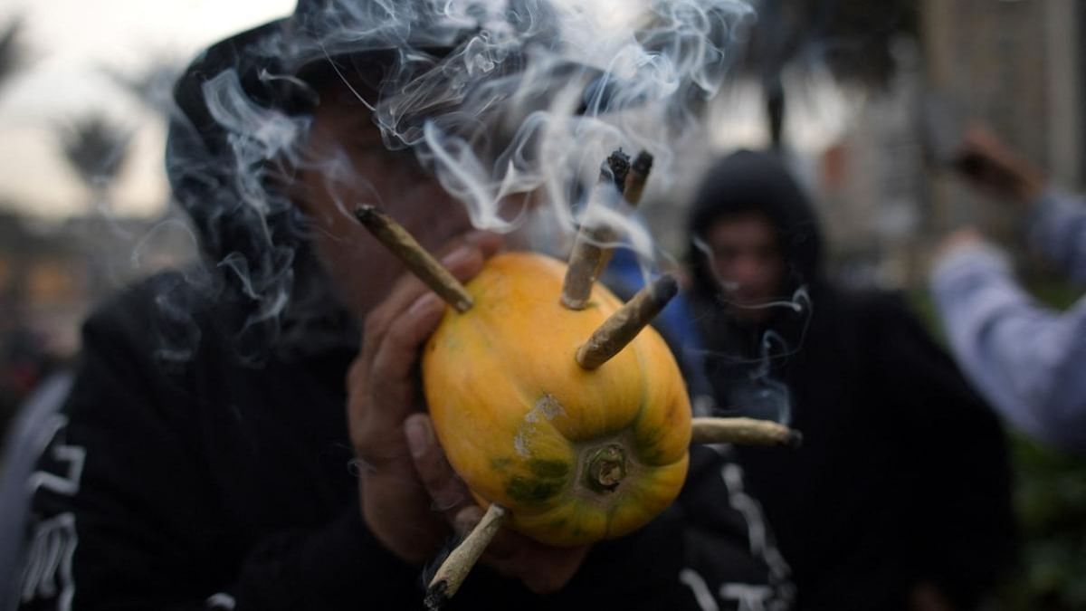 A man smokes marijuana in a papaya during a 4/20 rally to commemorate the World Cannabis Day in Bogota. Credit: AFP Photo