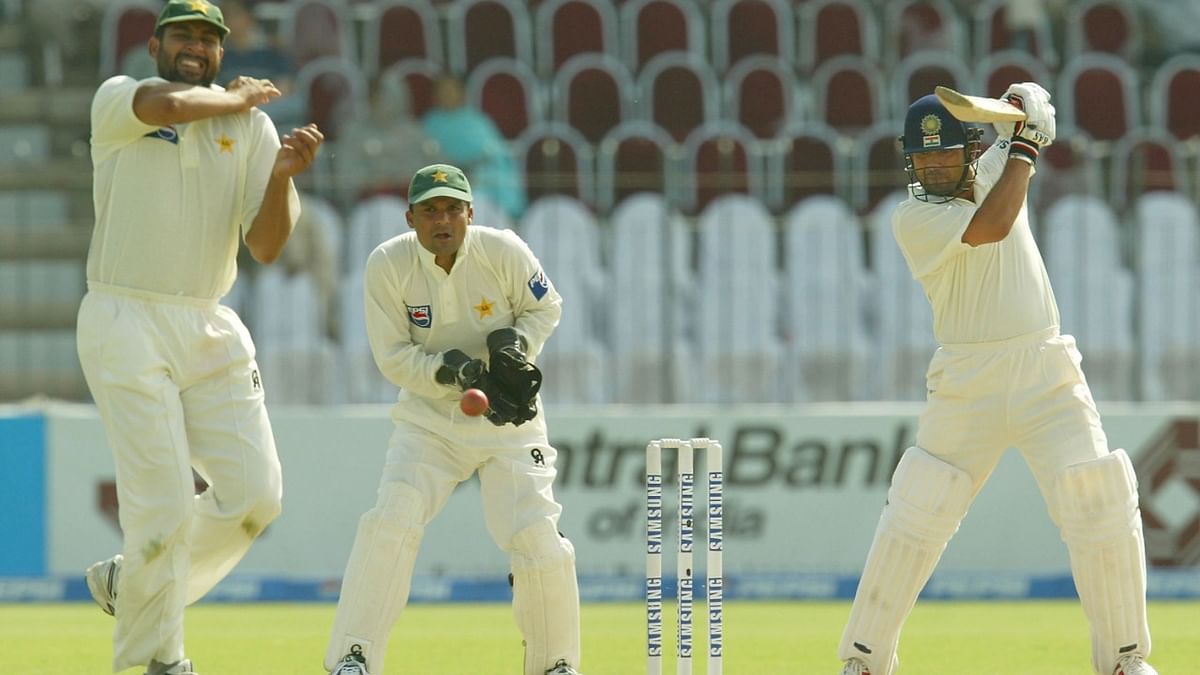 Sachin scores a hit on the off side on his way to an unbeaten 194 during day one of the 1st Test match between Pakistan and India at Multan Stadium on March 28, 2004. Credit: Getty Images