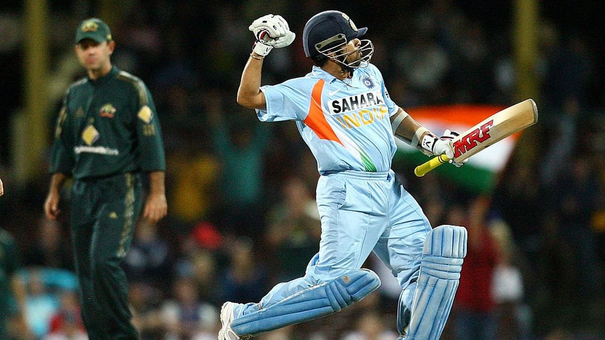 Sachin Tendulkar celebrates scoring a century during the Commonwealth Bank One Day International Series first final match between Australia and India at the Sydney Cricket Ground on March 2, 2008. Credit: Getty Images