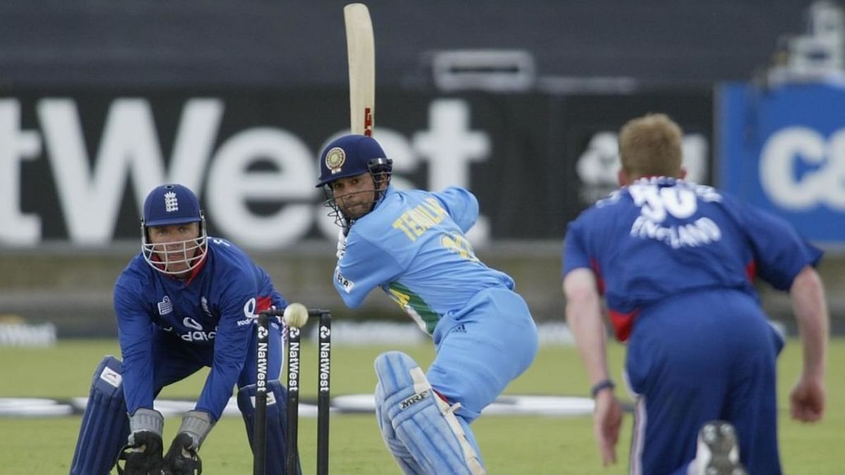 Sachin plays a drive on his way to his century during the match between England and India in the NatWest One Day Series at Chester Le Street, Durham, England on July 4, 2002. Credit: Getty Images