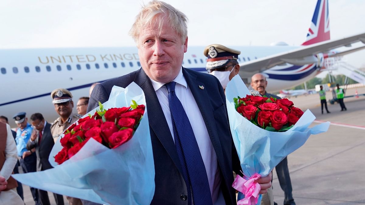 British Prime Minister Boris Johnson arrived at the Sarda Vallabhbhai Patel International airport in Ahmedabad, Gujarat, on April 22. Credit: AP Photo