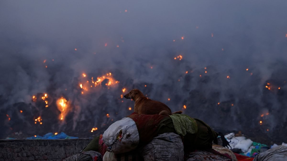 A massive fire broke out at the Bhalswa landfill site on April 26 evening. Credit: PTI Photo