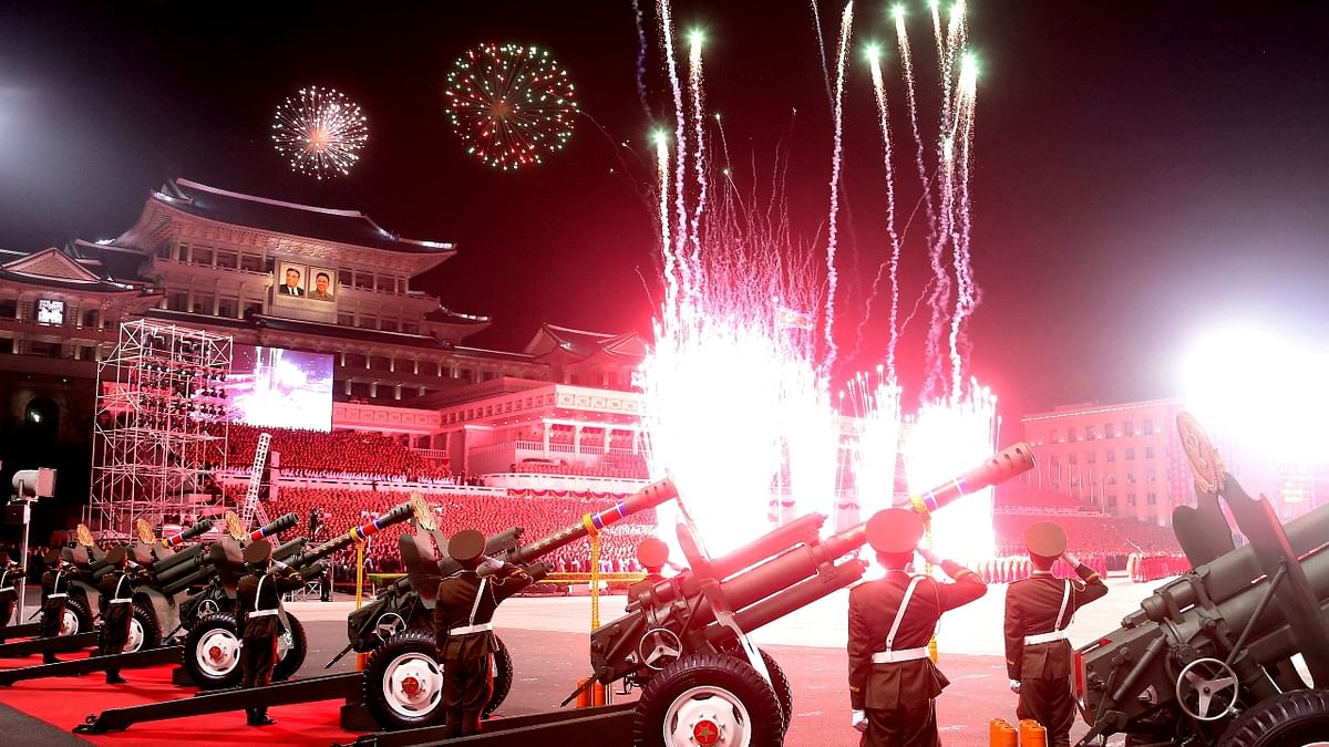 Fireworks explode over the military parade to mark the 90th anniversary of the founding of the Korean People's Revolutionary Army. Credit: Reuters Photo