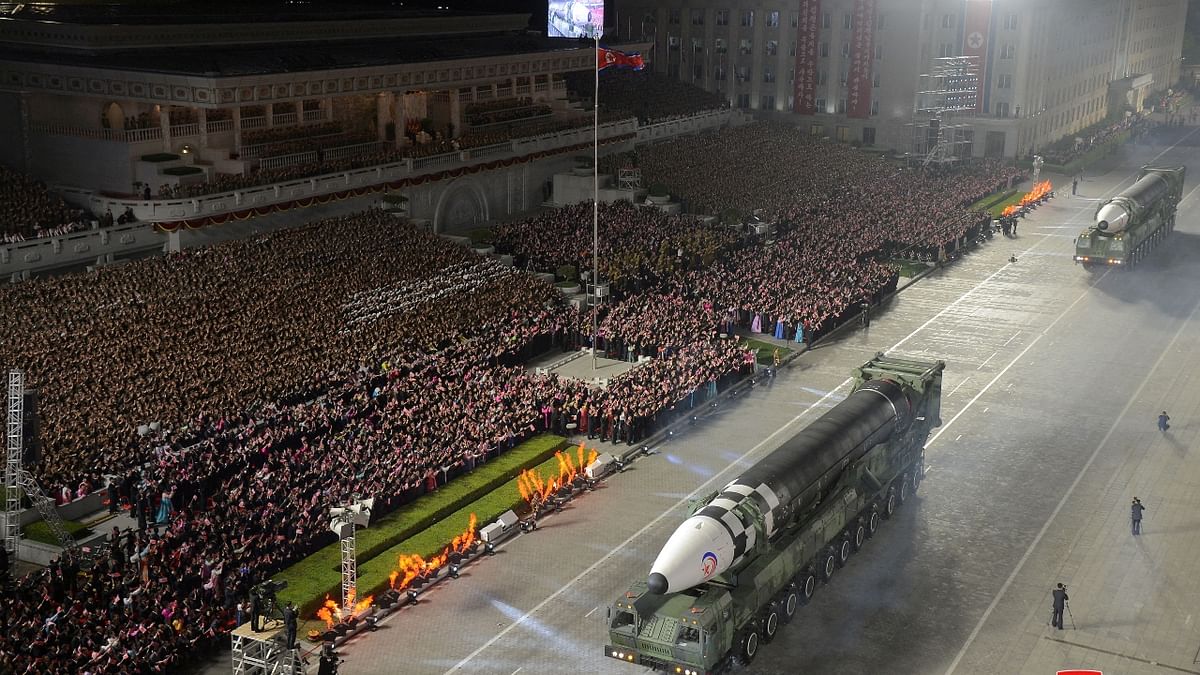 Hwasong-17 intercontinental ballistic missiles take part in a military parade. Credit: Reuters Photo