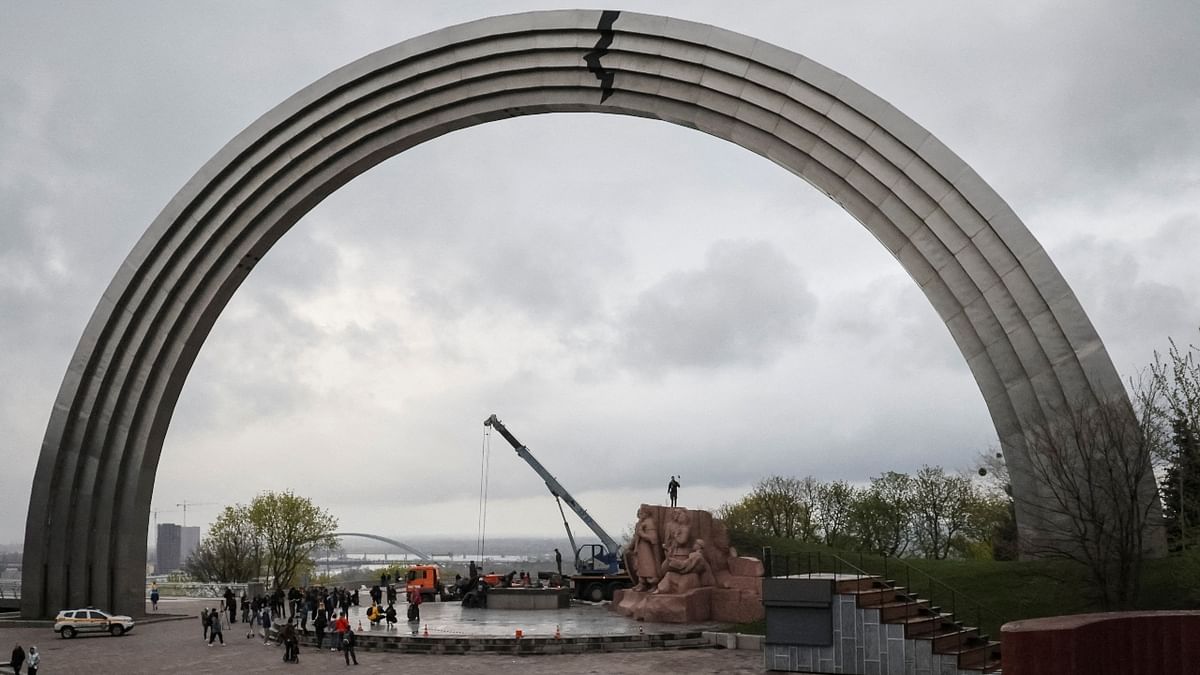The statue was located underneath a giant titanium 'People's Friendship Arch', erected in 1982 to commemorate the 60th anniversary of the Soviet Union. Credit: Reuters Photo