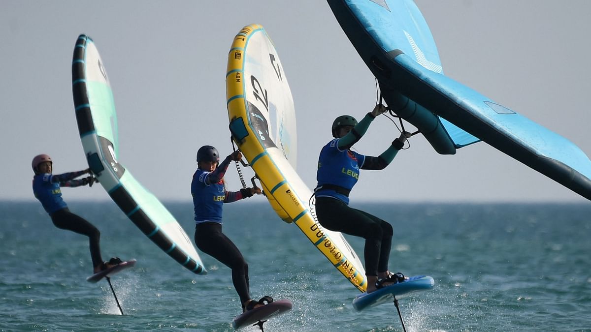 Competitors take part in one of the events of the first and only French stage of the GWA Wingfoil World Cup during the 25th edition of the