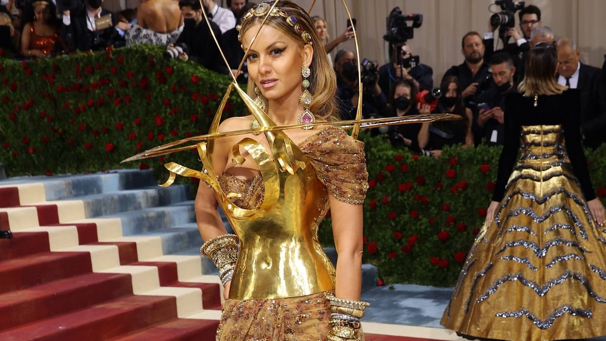 Businesswoman Natasha Poonawalla poses on the red carpet as she arrives for the 2022 Met Gala at the Metropolitan Museum of Art in New York. This year the Gala's theme is