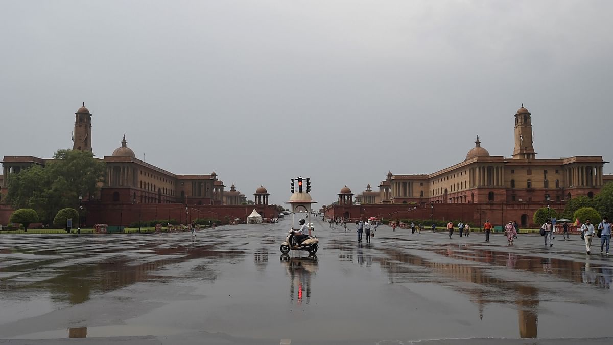 A view of Vijay Chowk after the rainfall in New Delhi. Credit: PTI Photo