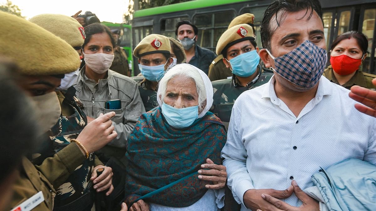 82-year-old Bilkis Bano, popularly known as Shaheen Bagh’s 'Dadi', was also seen at the protest site. Credit: PTI Photo