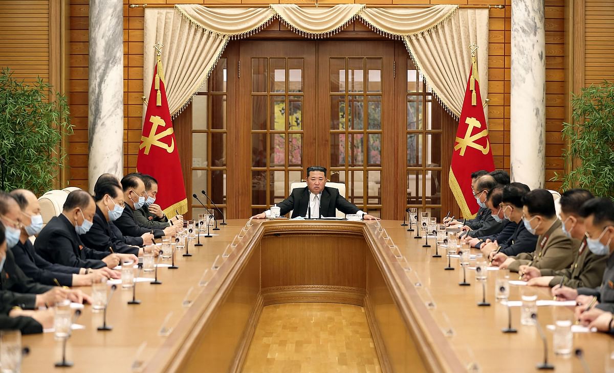 North Korean leader Kim Jong Un (C) attending the 8th political bureau meeting of the Workers Party of Korea. Credit: AFP/KCNA via KNS