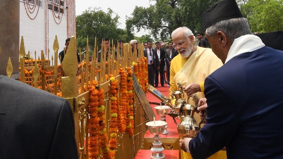 The two Prime Ministers also lit lamps near the Ashoka Pillar located adjacent to the temple. The pillar, which was erected by emperor Ashoka in 249 BC, bears the first epigraphic evidence of Lumbini being the birthplace of Lord Buddha. Credit: Twitter/@narendramodi