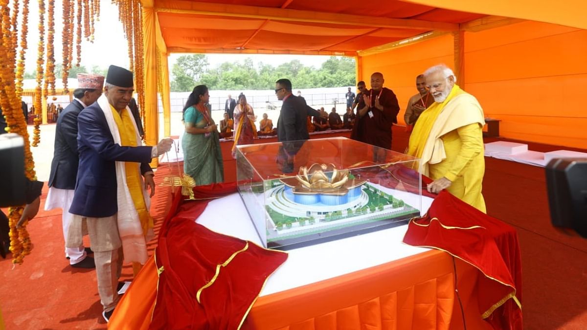 PM Modi also participated in the stone laying ceremony for the construction of a Centre of Buddhist Culture and Heritage in Lumbini. Credit: Twitter/@SherBDeuba