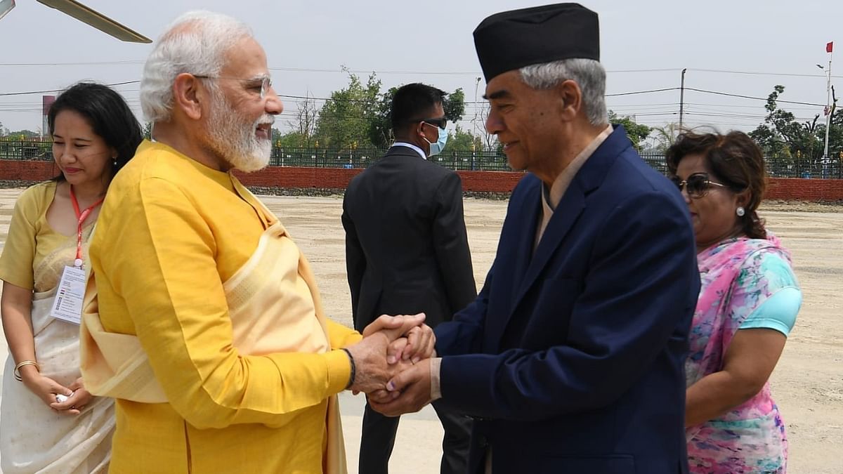 Earlier in the day, upon his arrival at Lumbini, Prime Minister Modi was warmly received by Deuba, his spouse Dr Arzu Rana Deuba and several Ministers from the Government of Nepal. Credit: Twitter/@narendramodi
