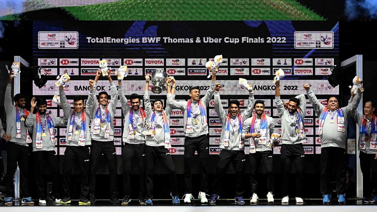 India made history by winning the Thomas Cup for the first time with a ruthless 3-0 upset of reigning champions Indonesia in Bangkok on May 15, 2022. Credit: AFP Photo