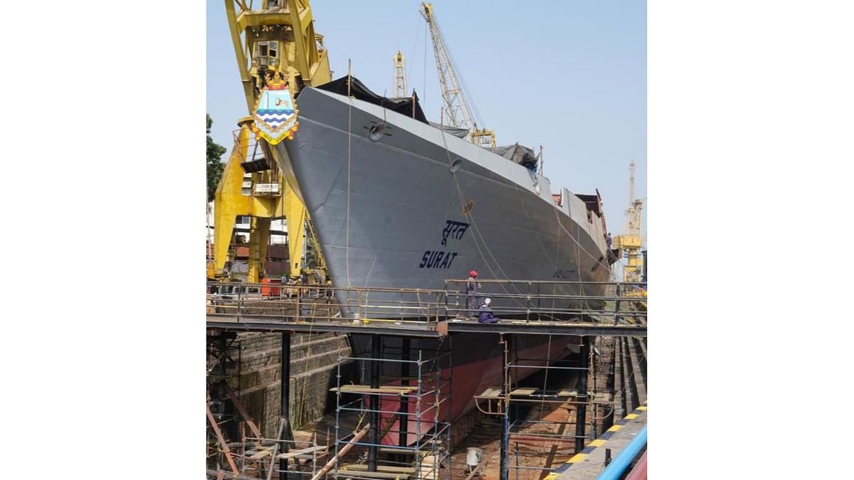 'Surat' is the fourth ship of Project 15B Destroyers, which heralds a significant makeover of the P15A (Kolkata Class) destroyers, and is named after the commercial capital of Gujarat and also the second largest commercial hub of western India after Mumbai, the Navy said. Credit: Twitter/@rajnathsingh