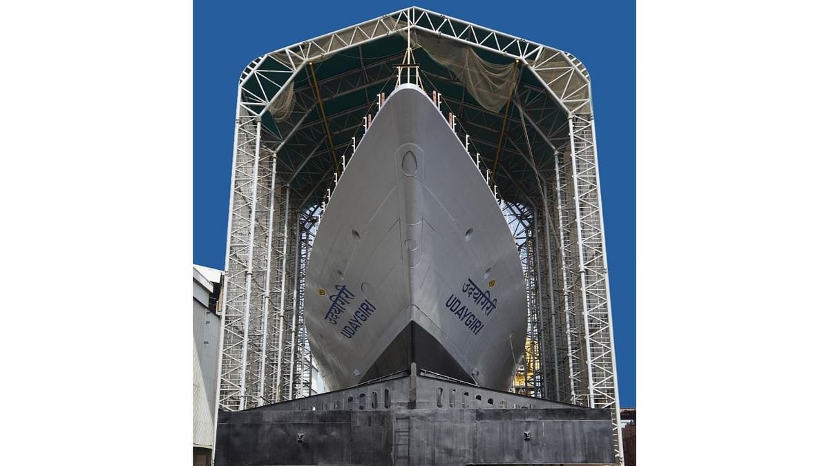 This is the first time that the two indigenously built warships have been launched concurrently, the Mazgaon Dock Shipbuilders Ltd (MDL) said. Credit: Twitter/@rajnathsingh