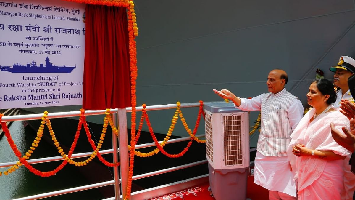 Defence Minister Rajnath Singh launched two indigenously built warships 'Surat' and 'Udaygiri' at the Mazagon Docks in Mumbai. Credit: Twitter/@rajnathsingh