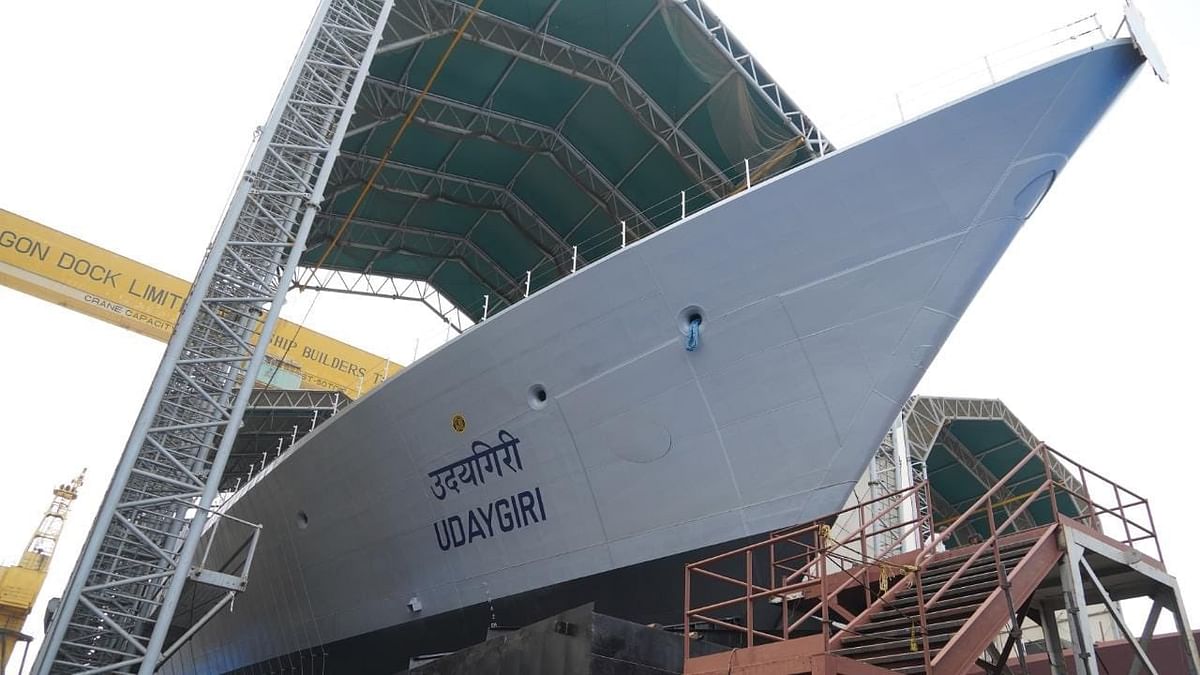 The Project 15B class of ships are the Navy's next generation stealth guided missile destroyers being built at the MDL. 'Udaygiri', named after a mountain range in Andhra Pradesh, is the third ship of Project 17A Frigates. Credit: Twitter/@rajnathsingh
