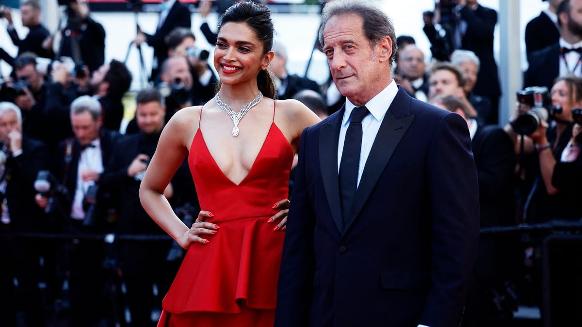 Deepika Padukone poses with Jury President of the 75th Cannes Film Festival, Vincent Lindon. Credit: Reuters Photo