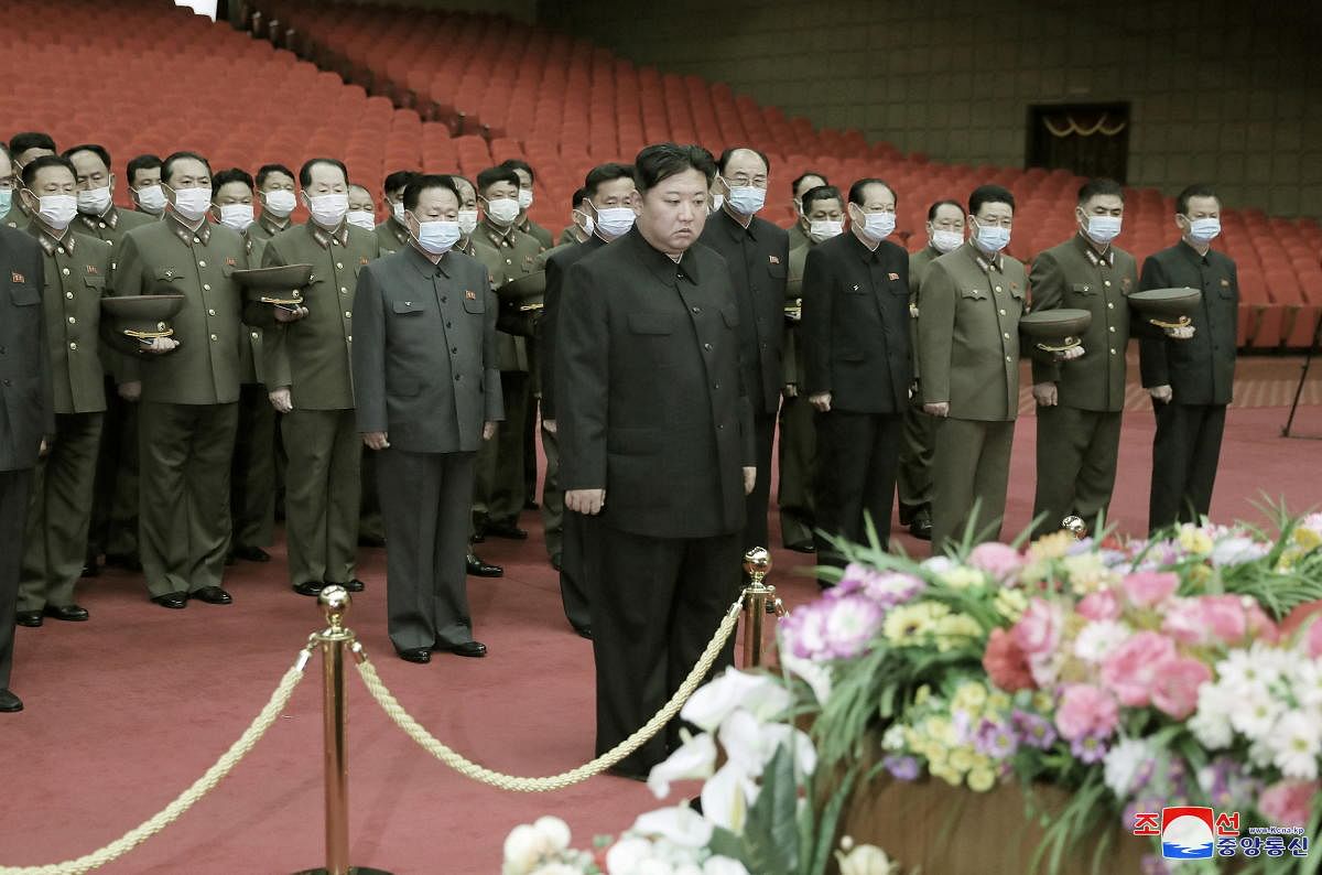 North Korean leader Kim Jong Un pays his respects as Marshal of the Korean People's Army and general adviser to the Ministry of Defence Hyon Chol Hae lies in state, in Pyongyang. Credit: Reuters Photo