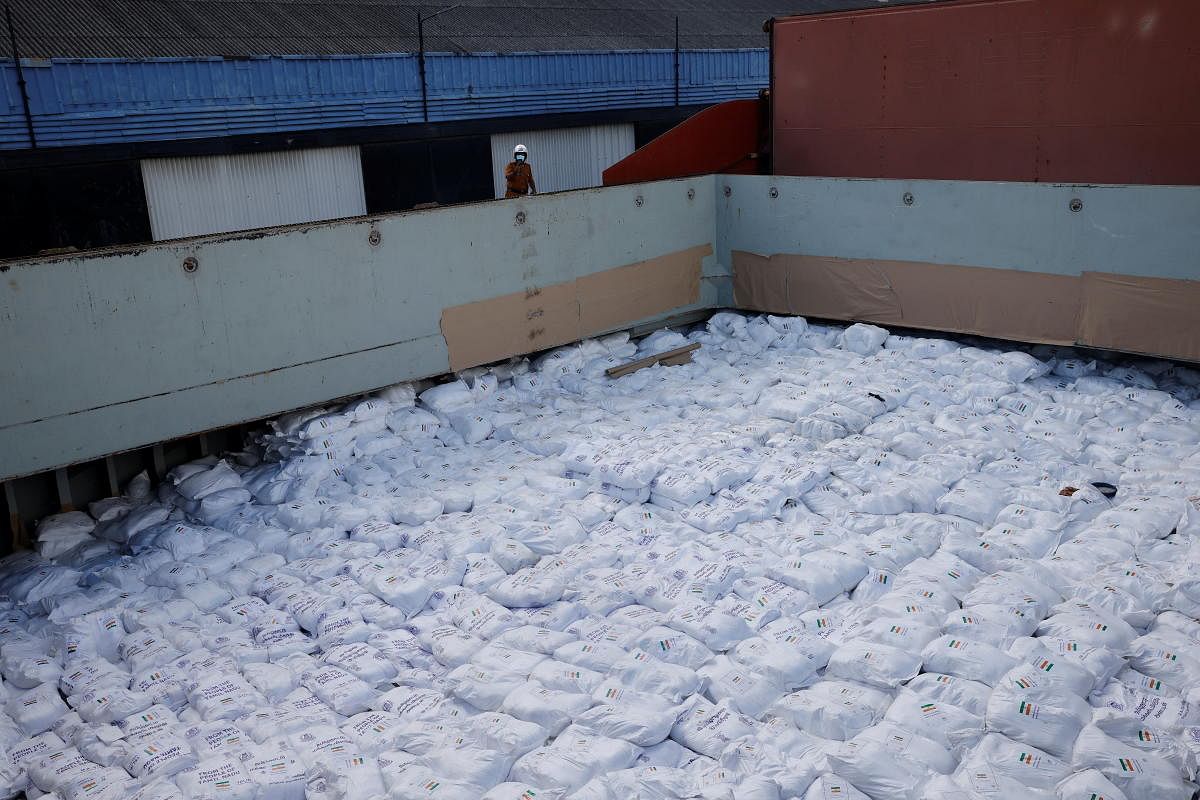 Humanitarian aid sent from India inside a cargo ship, amid the country's economic crisis, at a port in Colombo, Sri Lanka. Credit: Reuters Photo