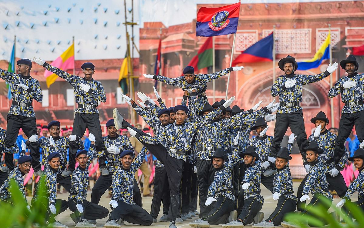 Police personnel perform at the police medal distribution function, in Chennai. Credit: PTI Photo