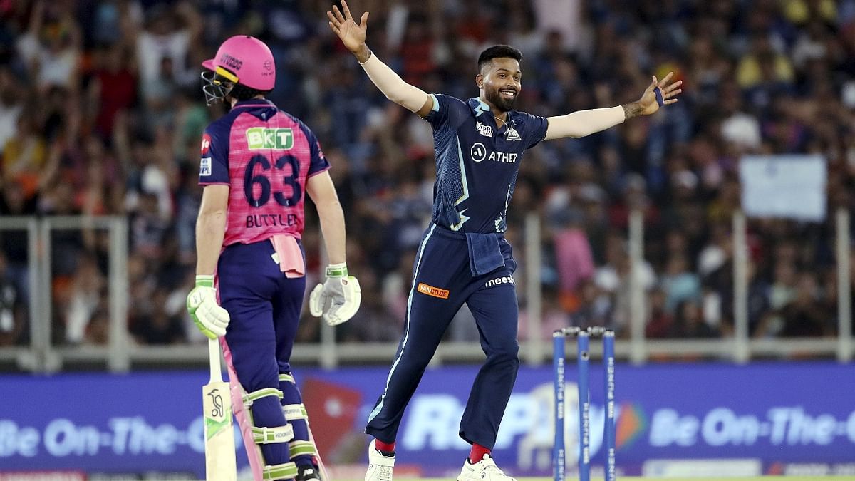 Pandya (3-17) led by example with the ball, claiming the crucial wickets of counterpart Sanju Samson, opener Buttler and Rajasthan's middle-order lynchpin Shimron Hetmyer. Credit: PTI Photo