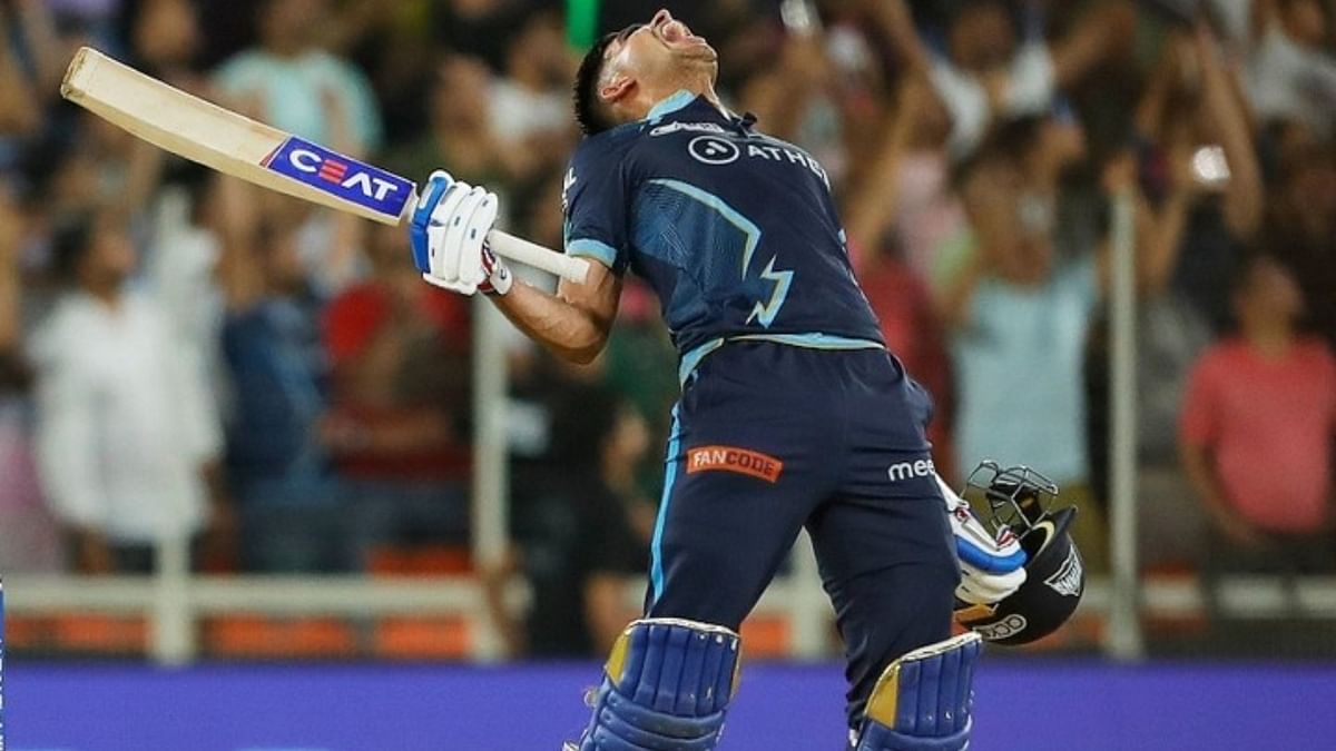Opener Gill remained unbeaten on 45, sealing Gujarat's victory with a six and celebrating it by removing his helmet and letting out a roar. Credit: Gujarat Titans