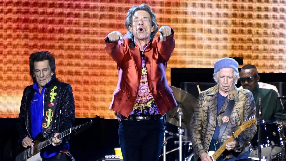 Members of the Rolling Stones Ronnie Wood, Mick Jagger, Keith Richards and Steve Jordan play during their concert as part of their European tour, in Madrid. Credit: AFP Photo