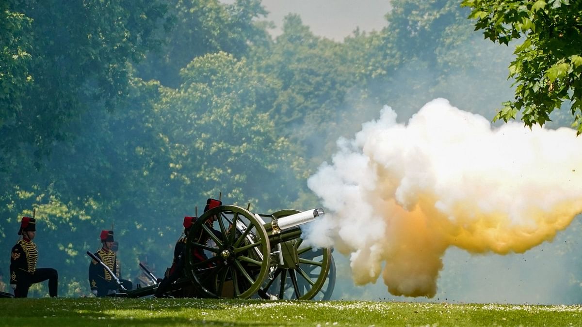 The 82 Gun Salute takes place in Hyde Park as part of Queen Elizabeth II's platinum jubilee celebrations in London. Credit: AFP Photo