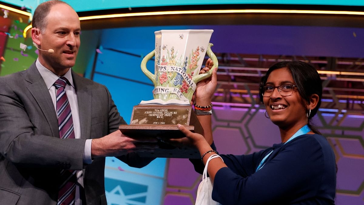 Harini Logan missed four words in a gruelling standoff against Vikram Raju, including one that would have given her the title. In the first-ever lightning-round tiebreaker, she finally claimed the trophy. Credit: Reuters Photo