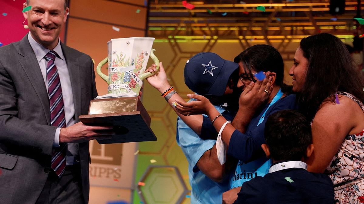 Harini Logan and her family celebrate her annual Scripps National Spelling Bee win. Credit: Reuters Photo